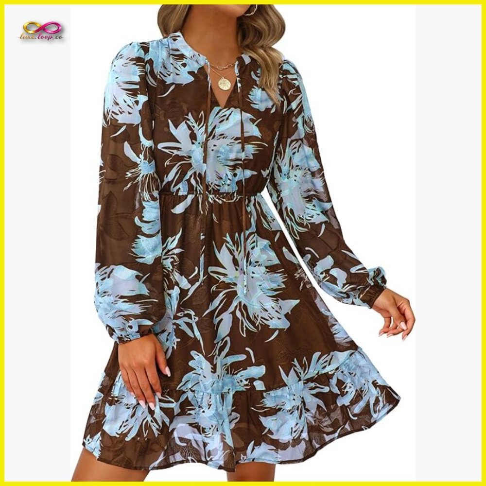 Boho Floral Mini Dress Long Sleeve V Neck Flow A Line Wedding Guest Outfit